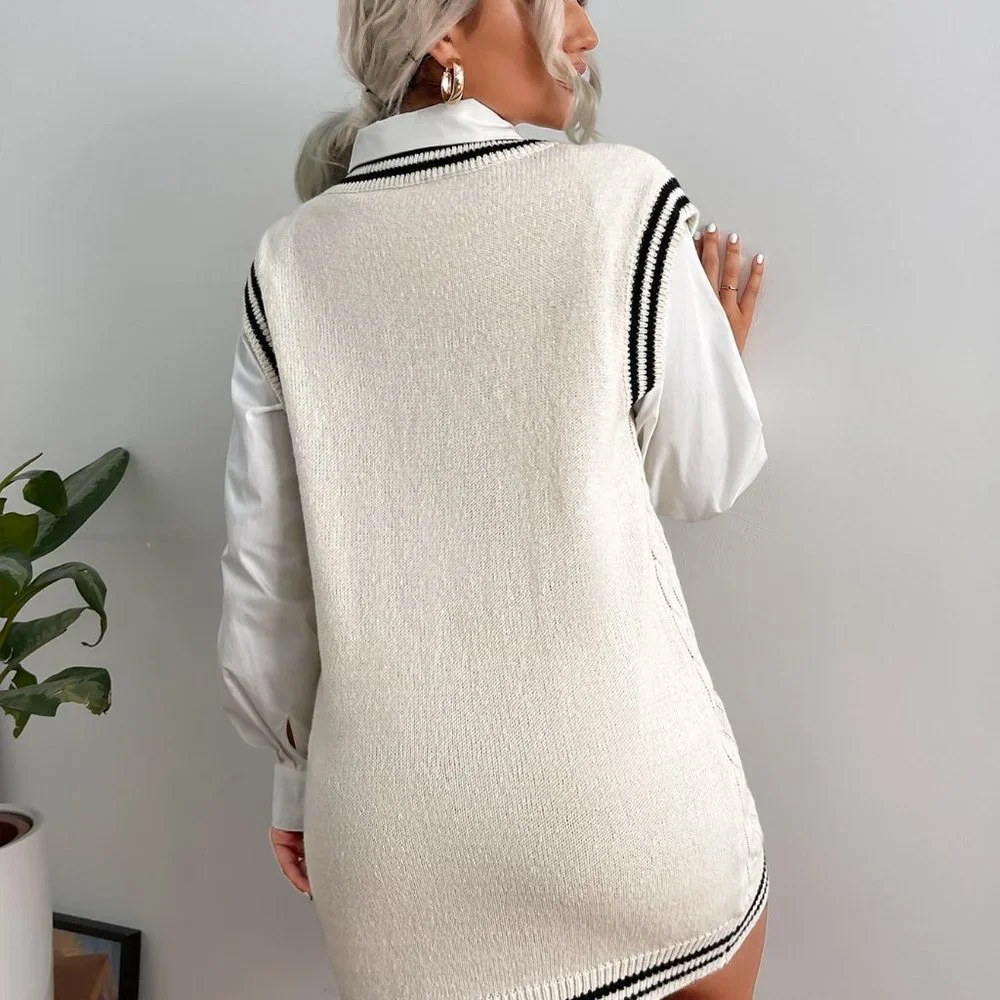 White Preppy Womens Striped Trim Cable Knit Sweater Dress - Picture 2 of 5